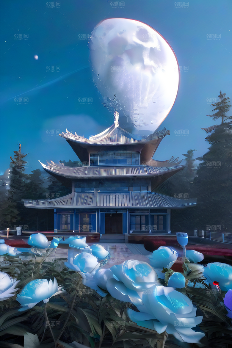 超级梦幻渲染作品云中古亭蓝白牡丹与圆月
