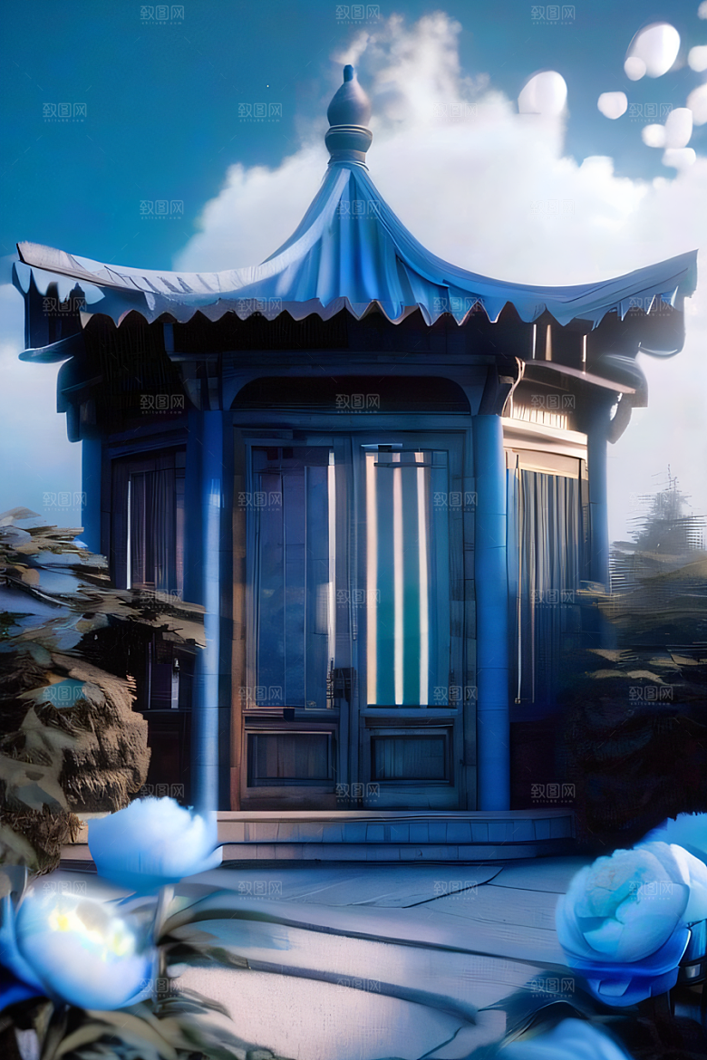 超级梦幻渲染作品云中古亭蓝白牡丹与圆月