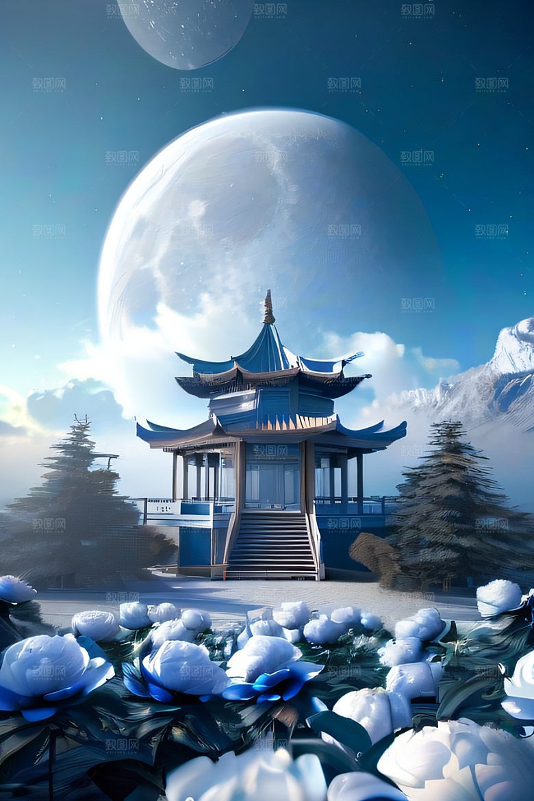 超级梦幻渲染作品云中古亭蓝白牡丹与圆月