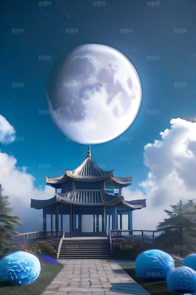 超级梦幻渲染作品云中古亭蓝白牡丹与圆月