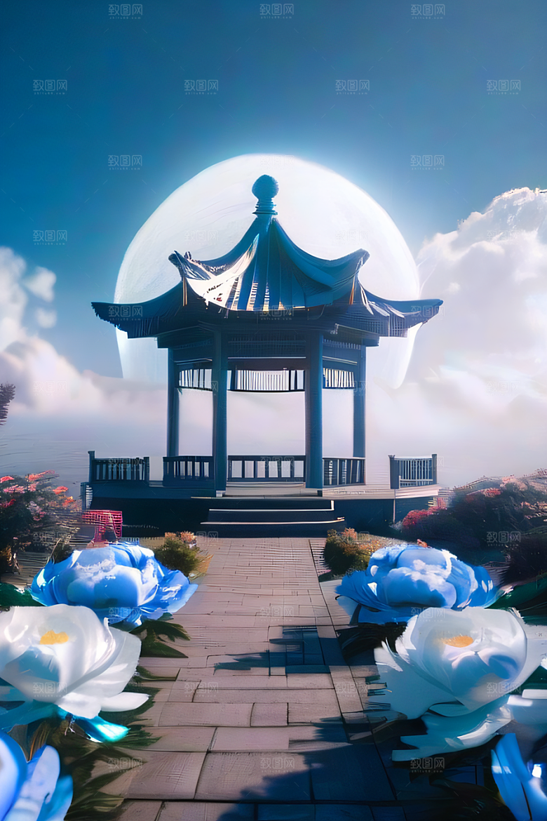 超级梦幻渲染作品云中古亭蓝白牡丹与圆月