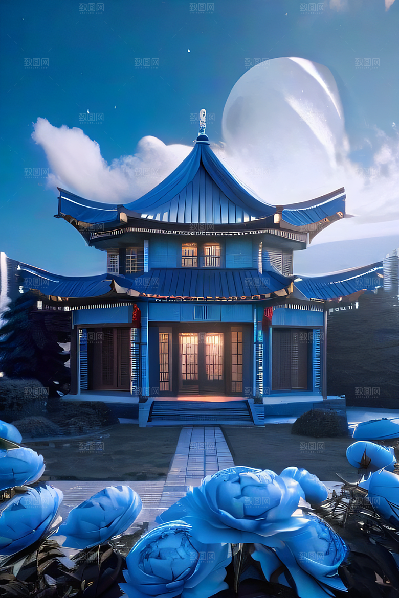 超级梦幻渲染作品云中古亭蓝白牡丹与圆月