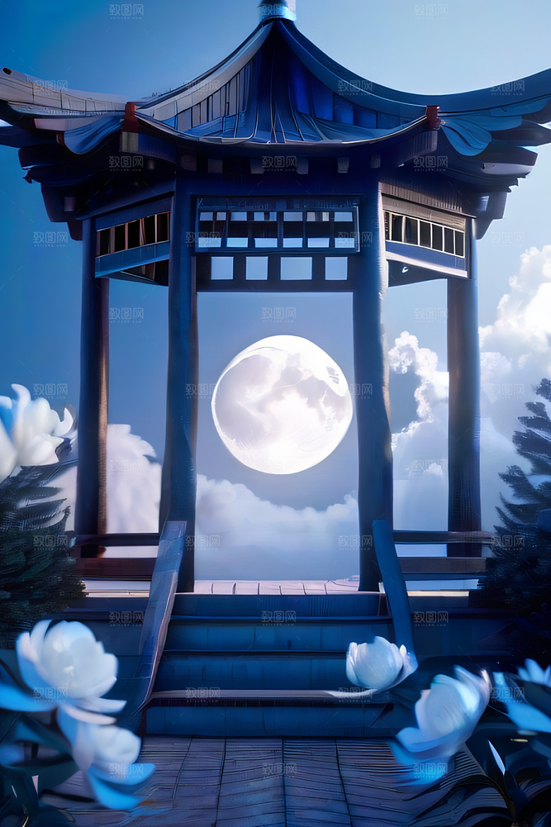 超级梦幻渲染作品云中古亭蓝白牡丹与圆月