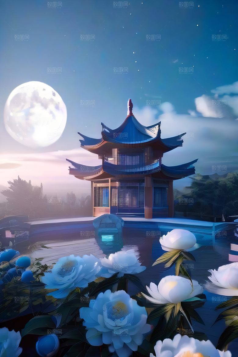 美轮美奂的中国古亭梦幻云彩与圆月的渲染