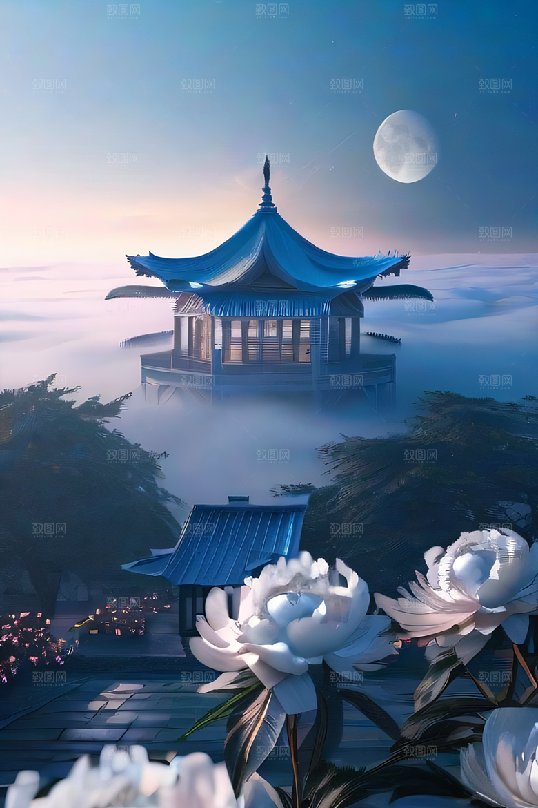 美轮美奂的中国古亭梦幻云彩与圆月的渲染