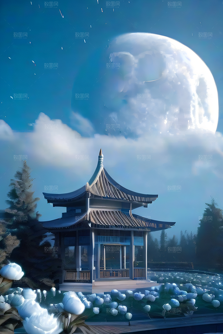 美轮美奂的中国古亭梦幻云彩与圆月的渲染