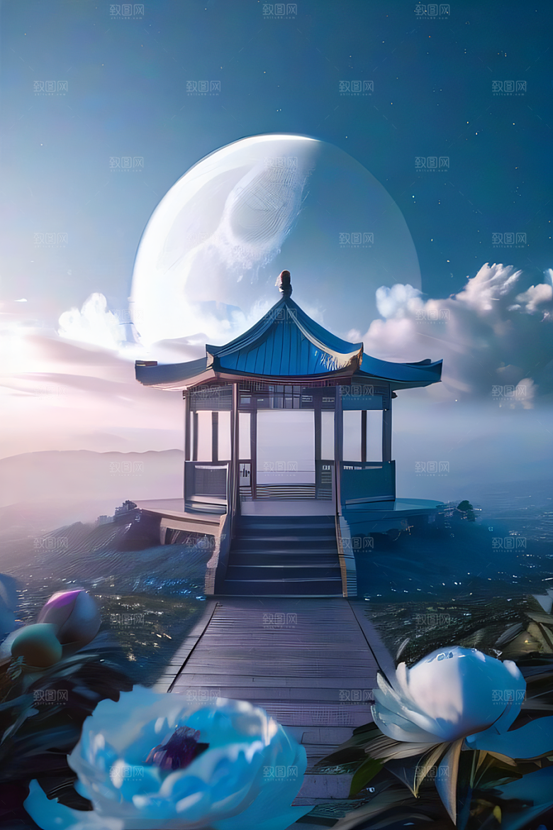 美轮美奂的中国古亭梦幻云彩与圆月的渲染
