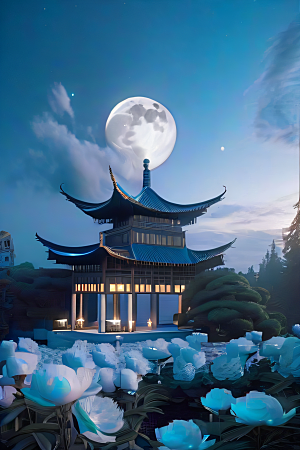美轮美奂的中国古亭梦幻云彩与圆月的渲染