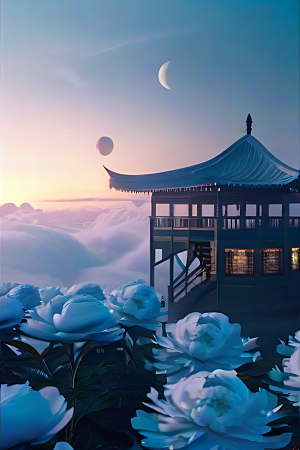 美轮美奂的中国古亭梦幻云彩与圆月的渲染