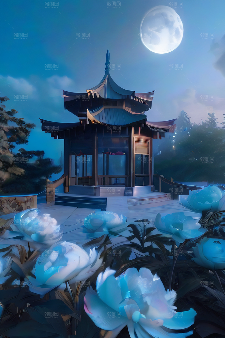 美轮美奂的中国古亭梦幻云彩与圆月的渲染