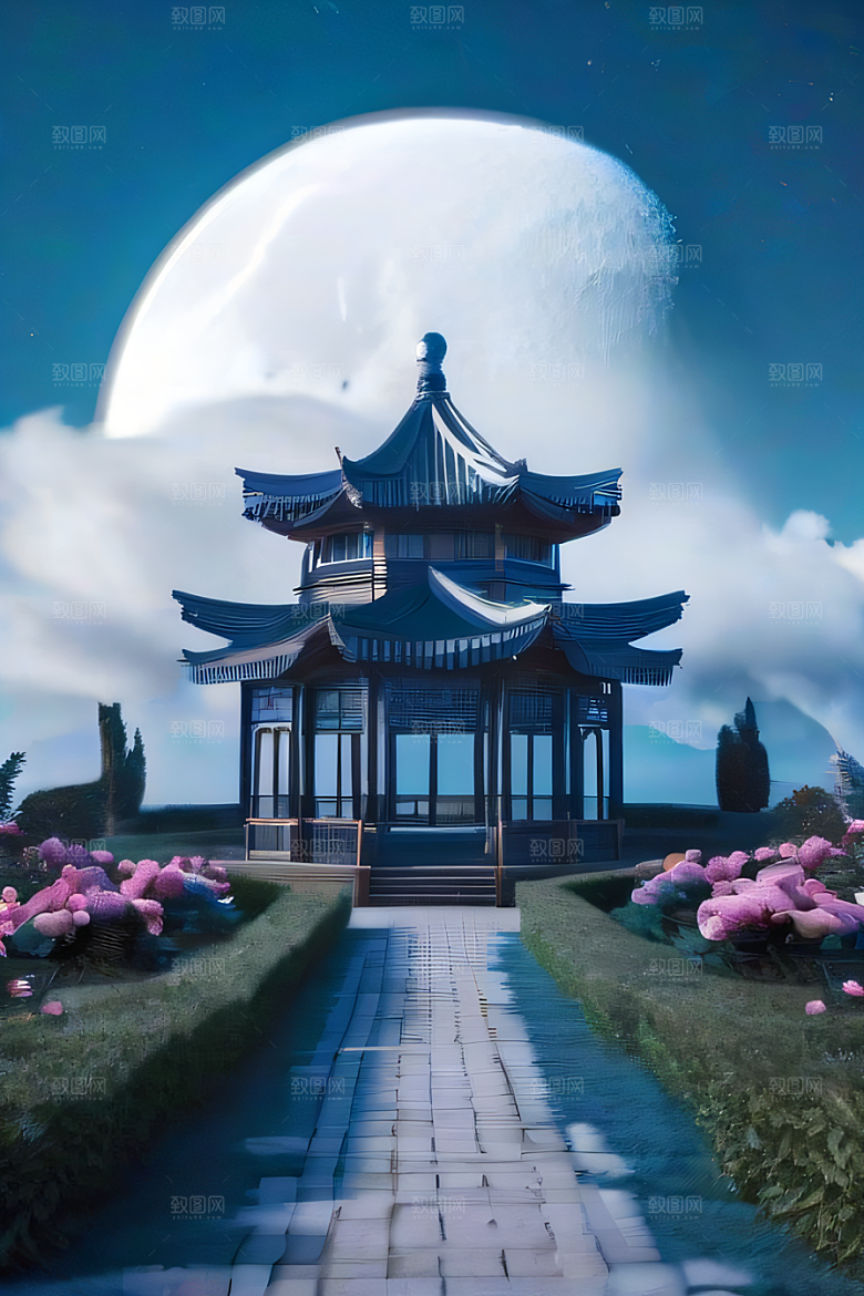 云端仙境中国古亭蓝白牡丹与圆月的梦幻