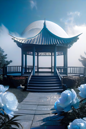 云端仙境中国古亭蓝白牡丹与圆月的梦幻