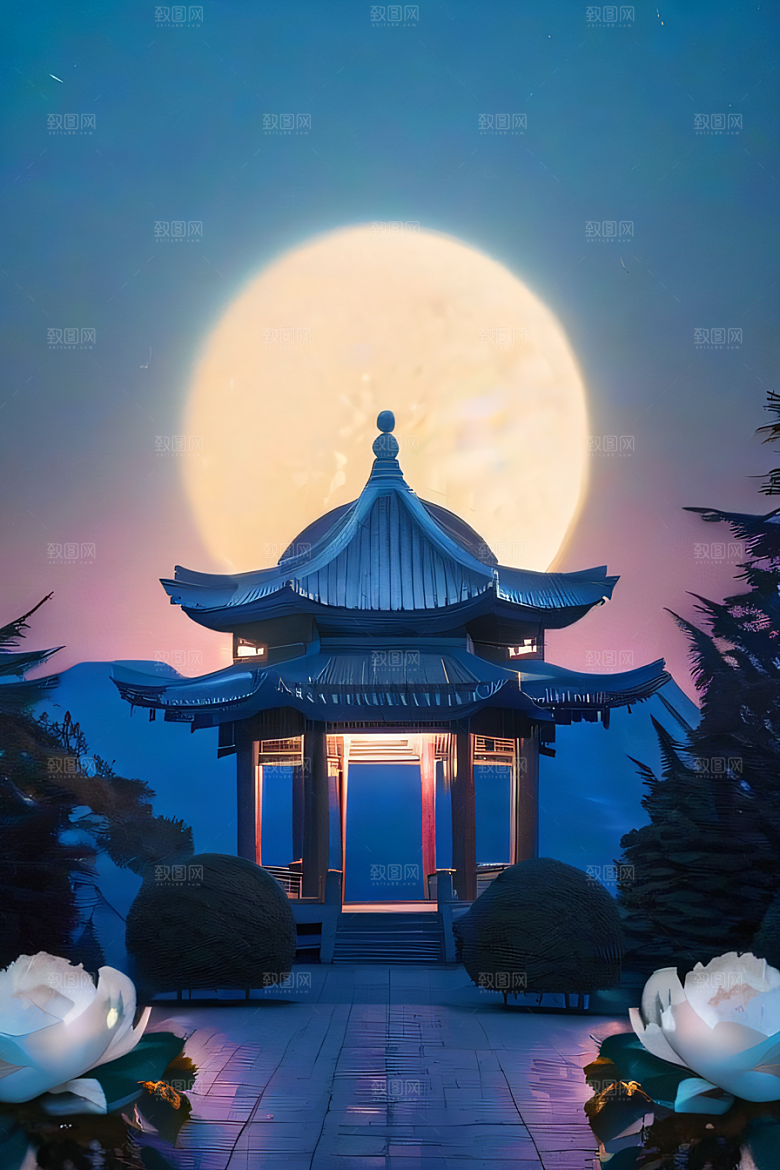 云端仙境中国古亭蓝白牡丹与圆月的梦幻