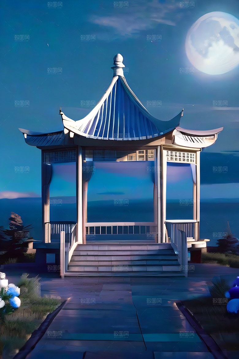 云端仙境中国古亭蓝白牡丹与圆月的梦幻