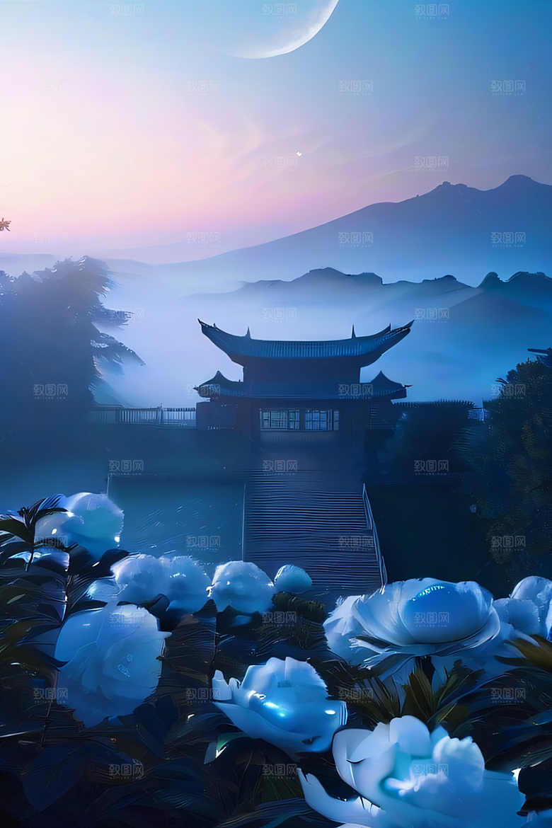云端仙境中国古亭蓝白牡丹与圆月的梦幻