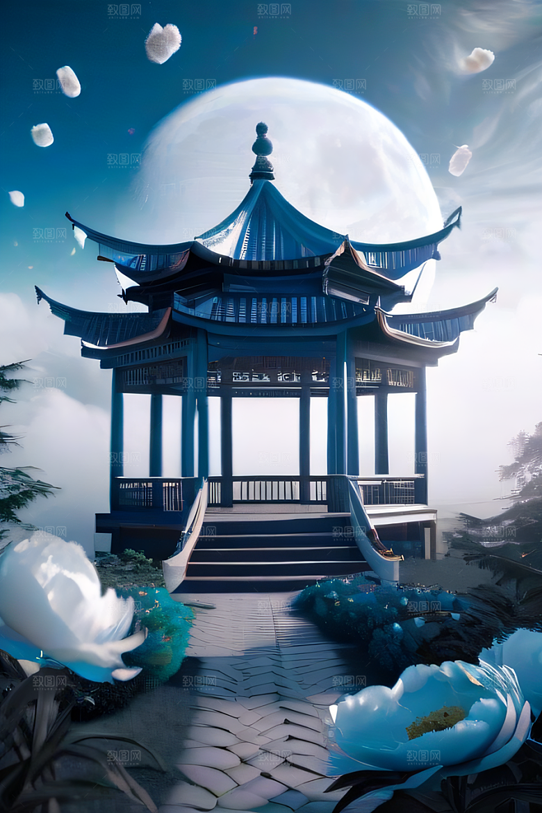 云端仙境中国古亭蓝白牡丹与圆月的梦幻