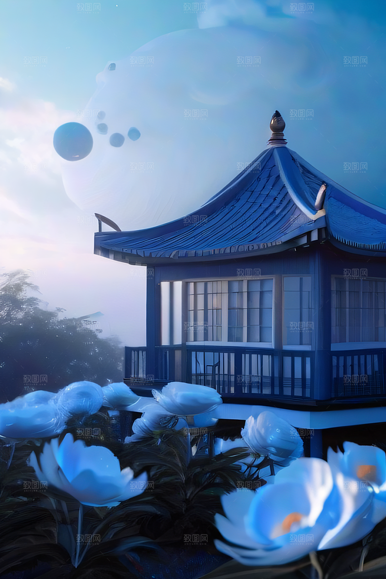 云端仙境中国古亭蓝白牡丹与圆月的梦幻