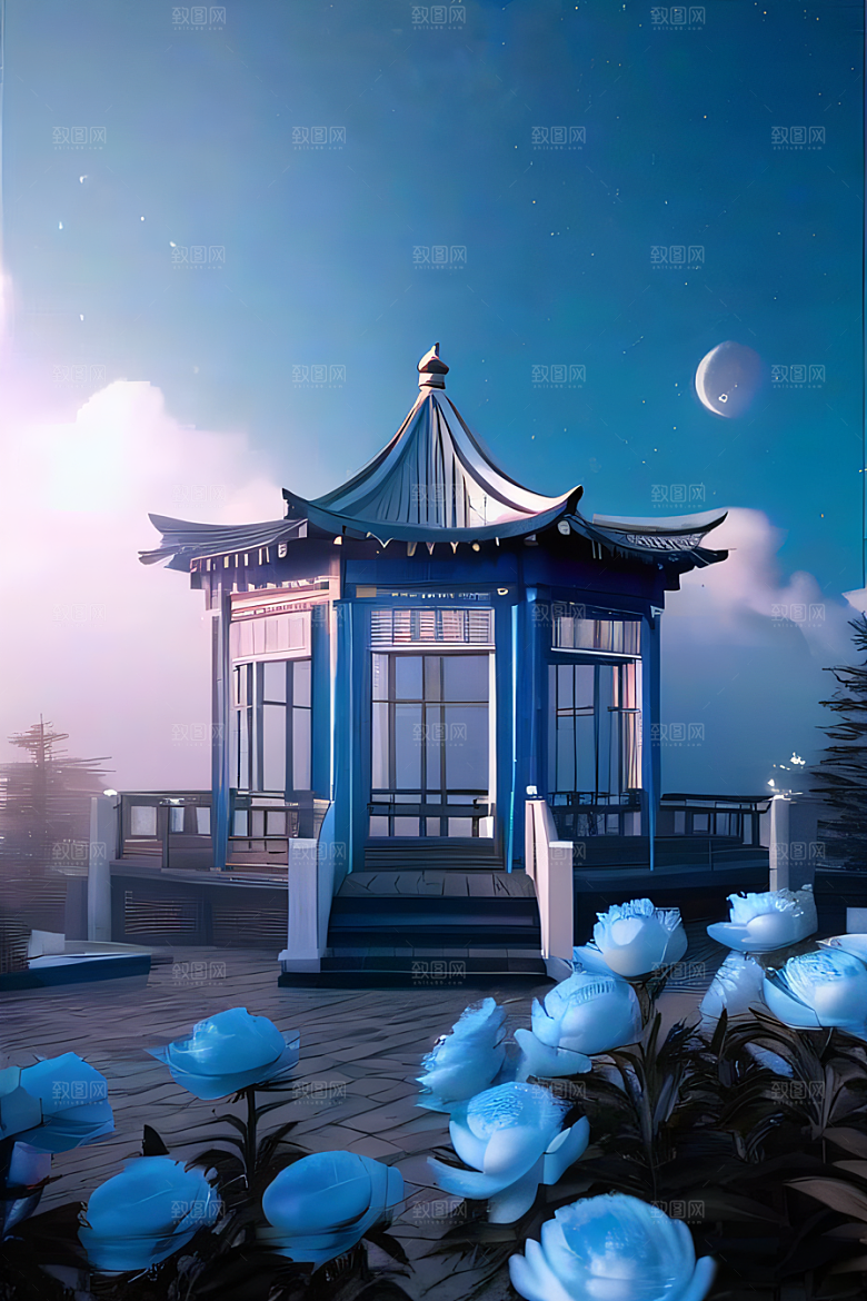 云端仙境中国古亭蓝白牡丹与圆月的梦幻