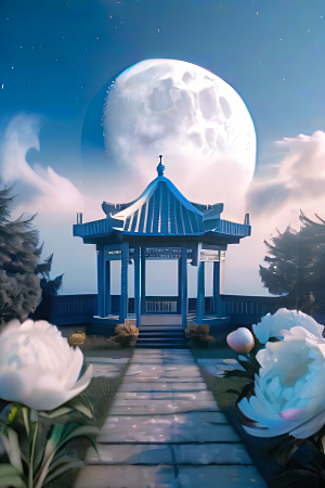 云端仙境中国古亭蓝白牡丹与圆月的梦幻