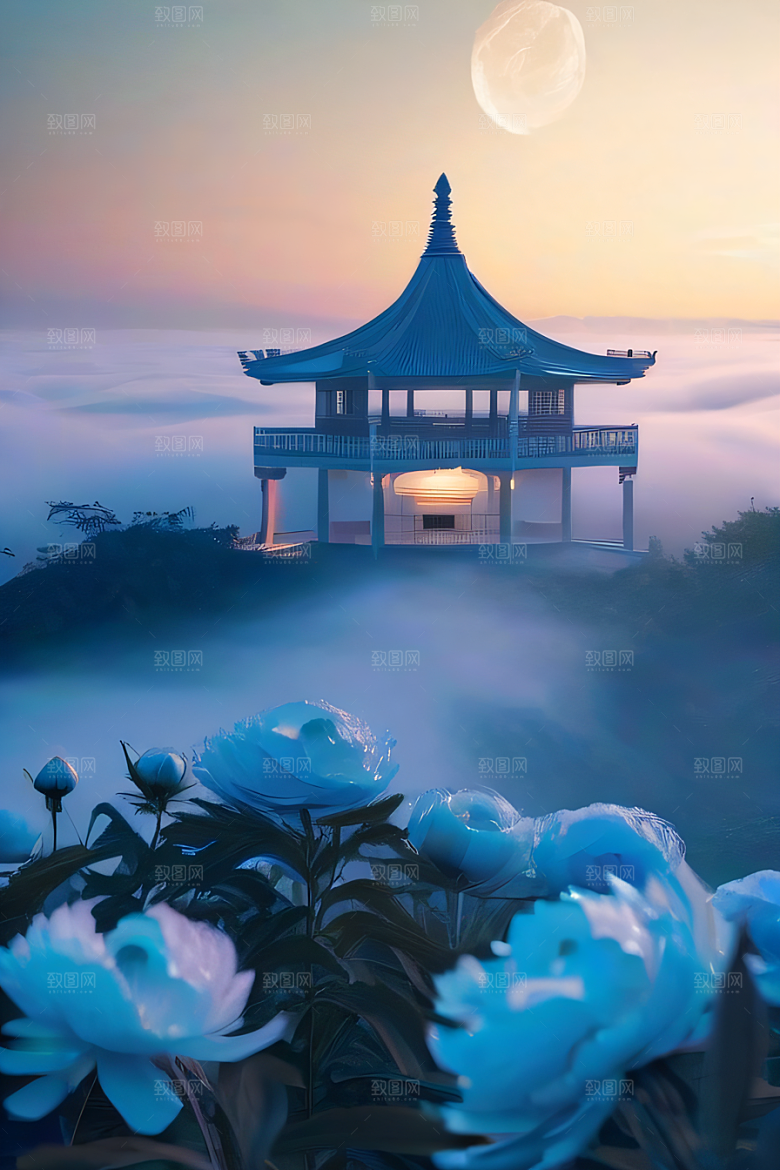 云端仙境中国古亭蓝白牡丹与圆月的梦幻