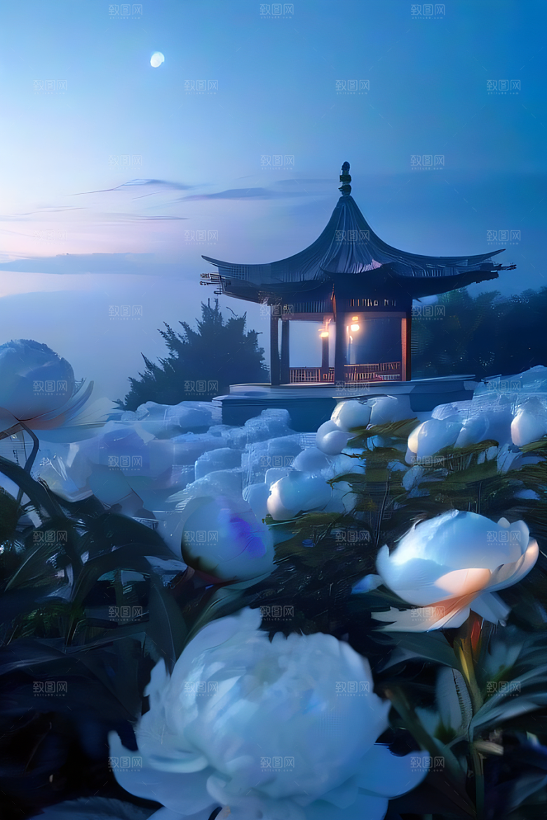 超级梦幻的渲染中国古亭与蓝白牡丹