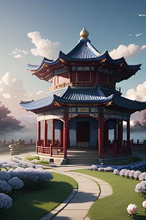 超级梦幻的渲染中国古亭与蓝白牡丹