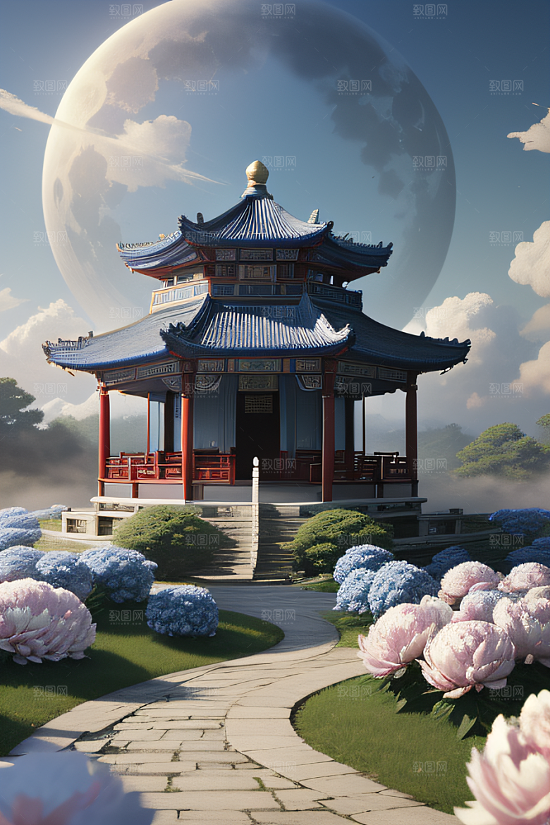 超级梦幻的渲染中国古亭与蓝白牡丹
