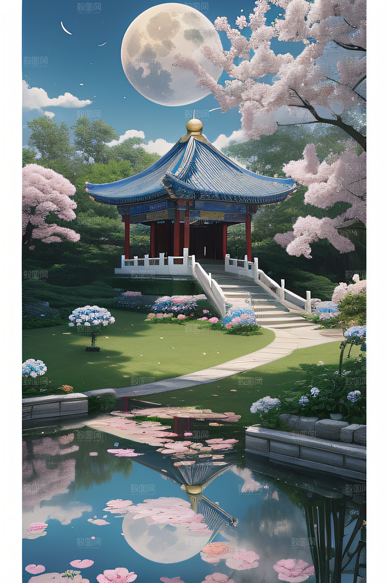 超级梦幻的渲染中国古亭与蓝白牡丹
