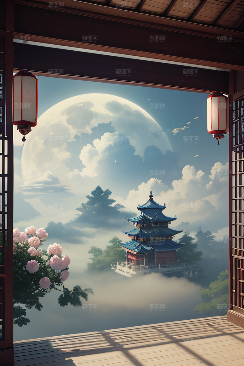 超级梦幻的渲染中国古亭与蓝白牡丹