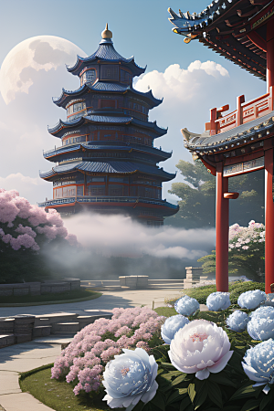 超级梦幻的渲染中国古亭与蓝白牡丹