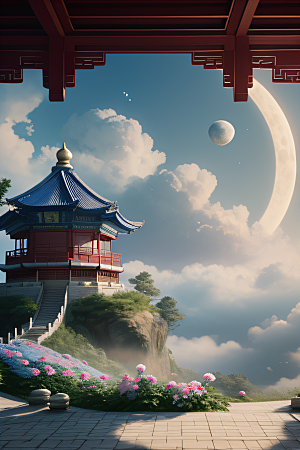 超级梦幻的渲染中国古亭与蓝白牡丹