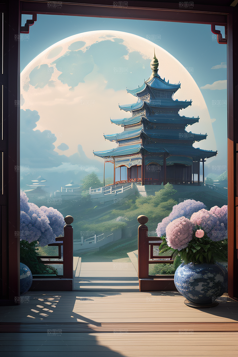 超级梦幻的渲染中国古亭与蓝白牡丹