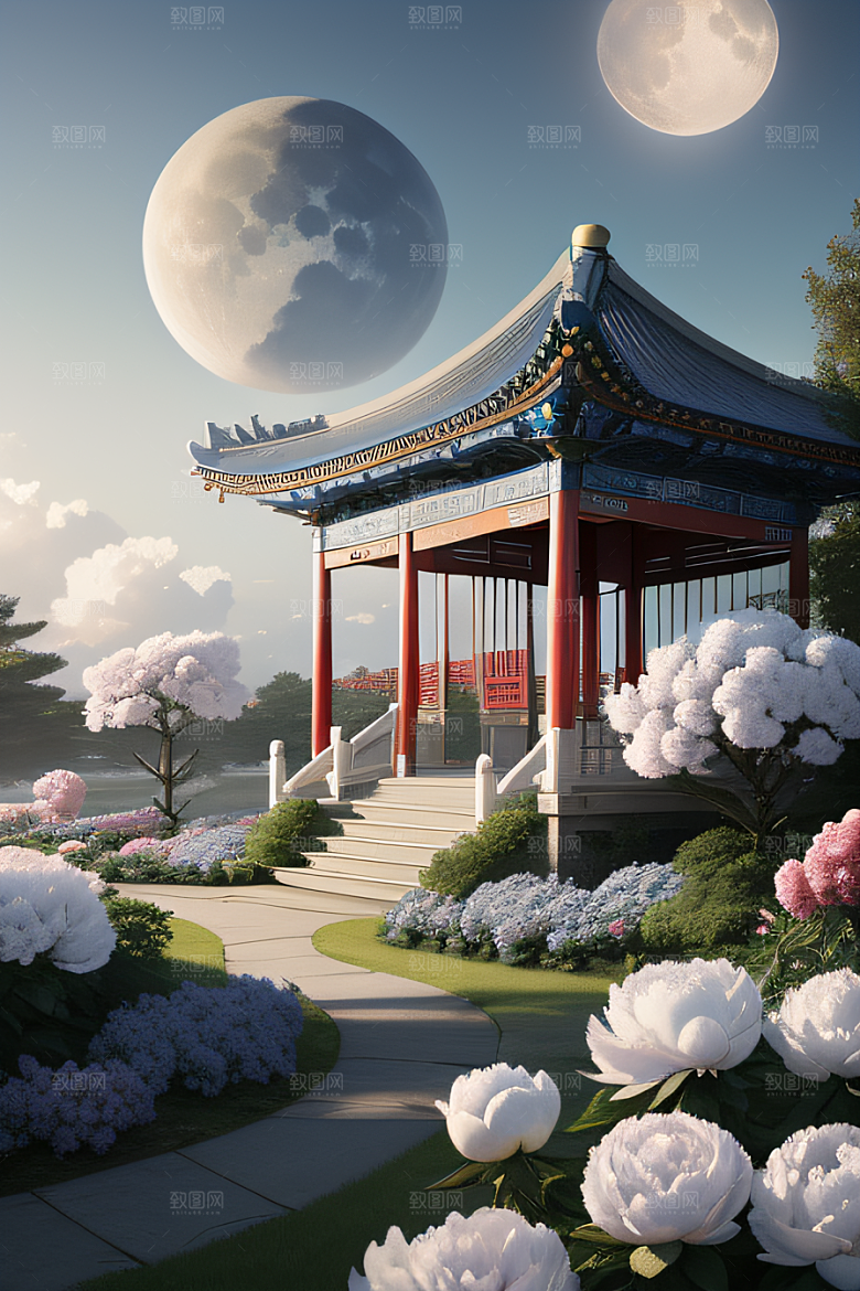超级梦幻的渲染中国古亭与蓝白牡丹