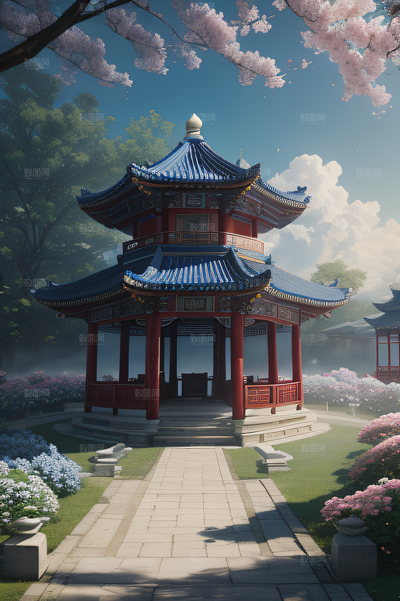 艺术云中古亭蓝白牡丹与圆月的梦幻渲染