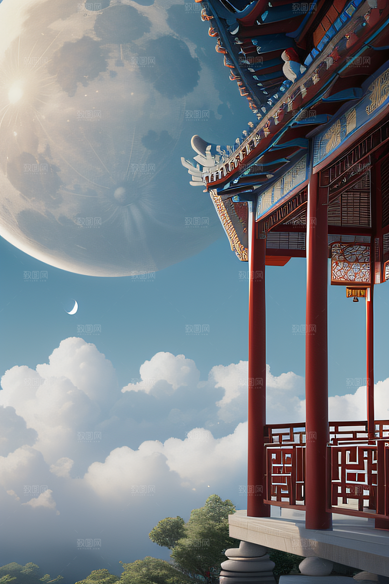 艺术云中古亭蓝白牡丹与圆月的梦幻渲染
