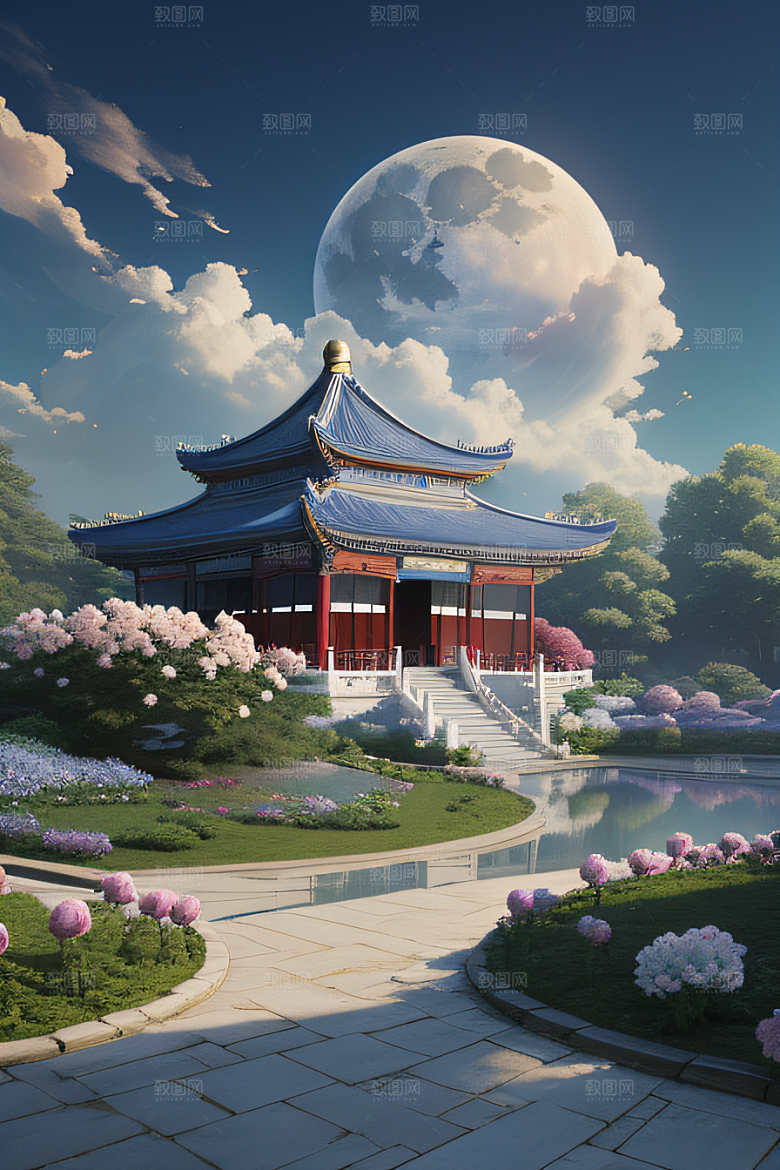 艺术云中古亭蓝白牡丹与圆月的梦幻渲染