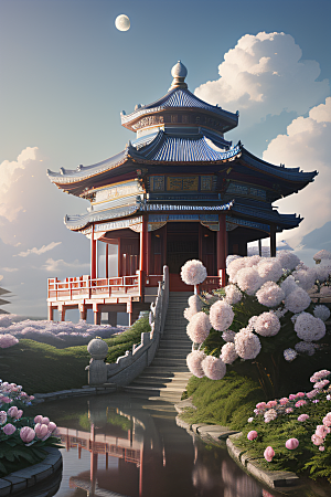 艺术云中古亭蓝白牡丹与圆月的梦幻渲染