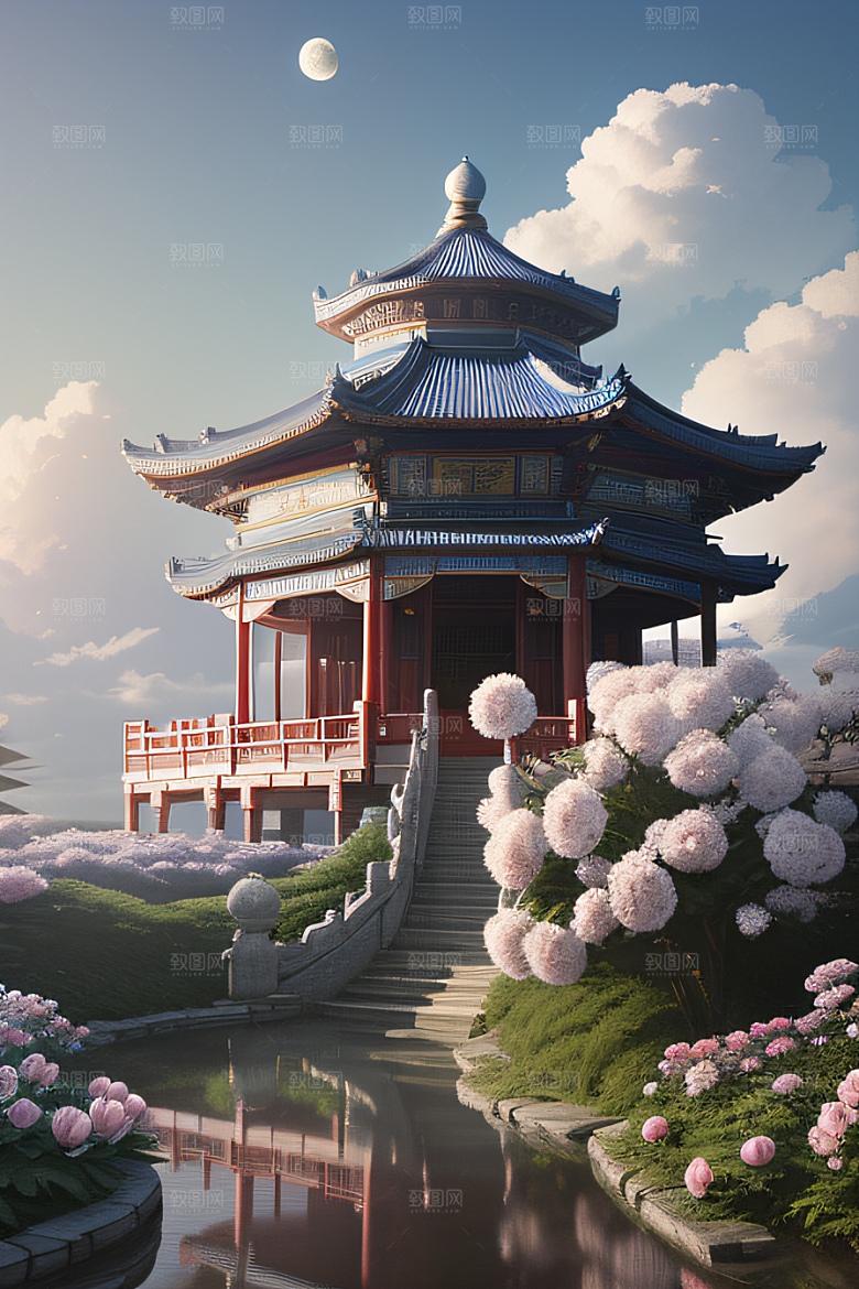 艺术云中古亭蓝白牡丹与圆月的梦幻渲染