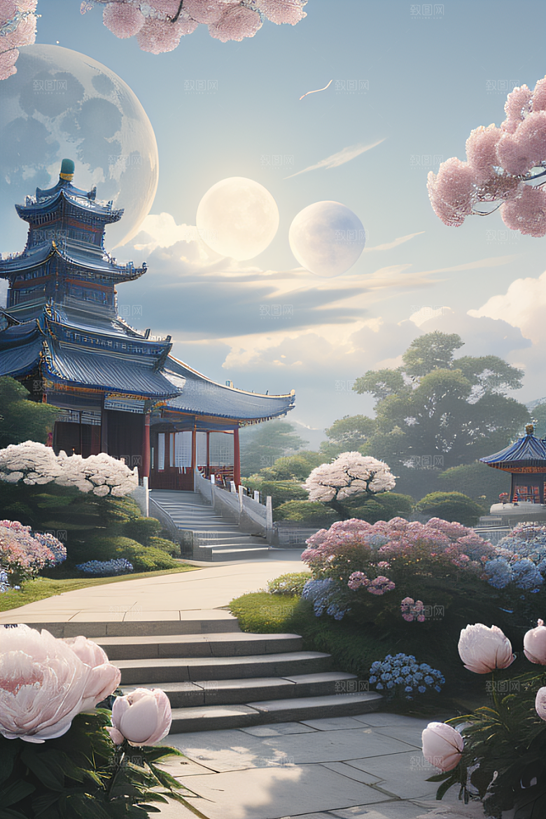 艺术云中古亭蓝白牡丹与圆月的梦幻渲染