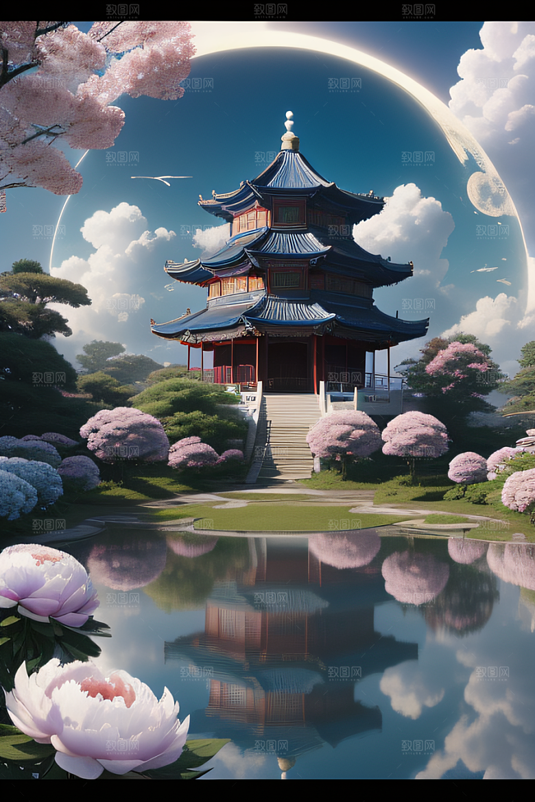 艺术云中古亭蓝白牡丹与圆月的梦幻渲染