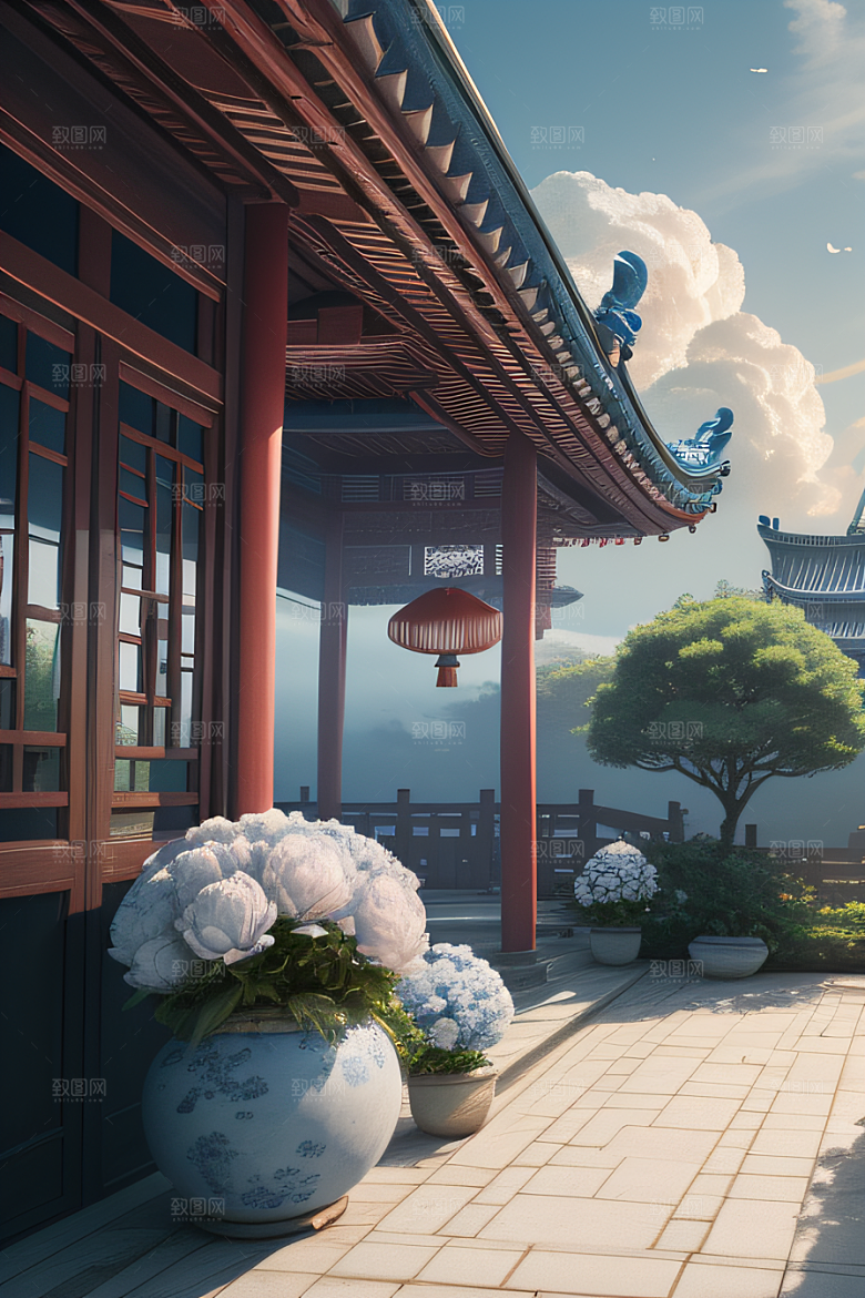 艺术云中古亭蓝白牡丹与圆月的梦幻渲染