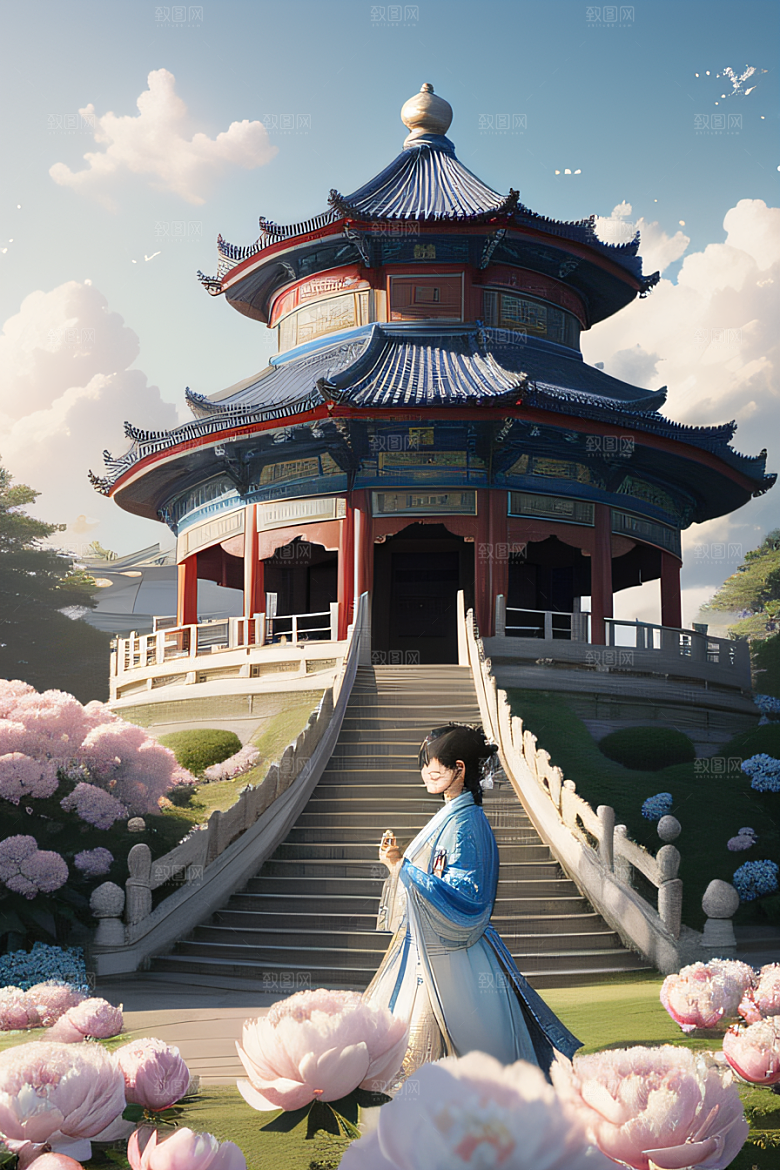 艺术云中古亭蓝白牡丹与圆月的梦幻渲染