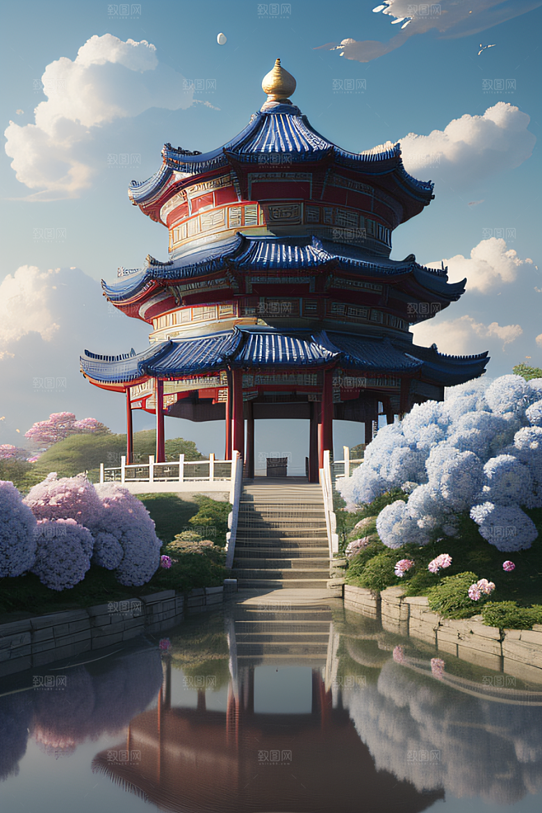 梦幻中国云中古亭蓝白牡丹与圆月
