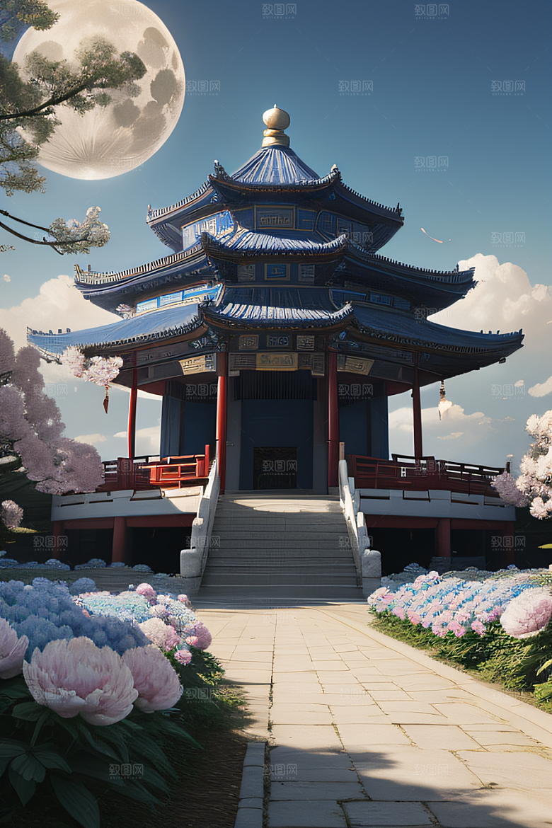 梦幻中国云中古亭蓝白牡丹与圆月