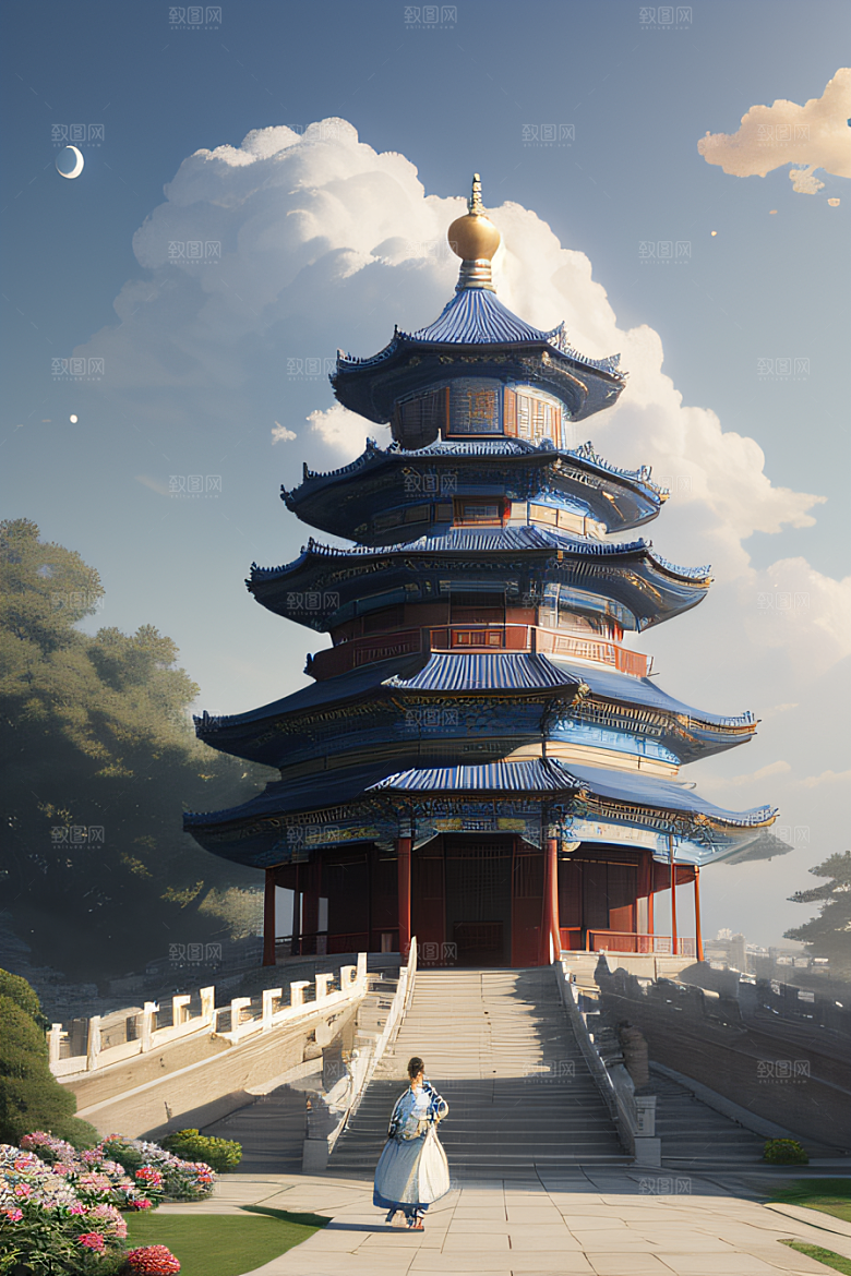 梦幻中国云中古亭蓝白牡丹与圆月