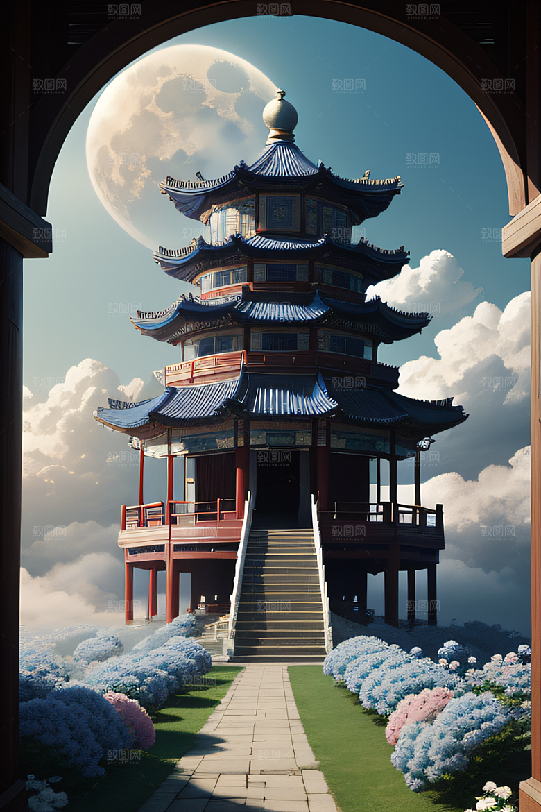 梦幻中国云中古亭蓝白牡丹与圆月