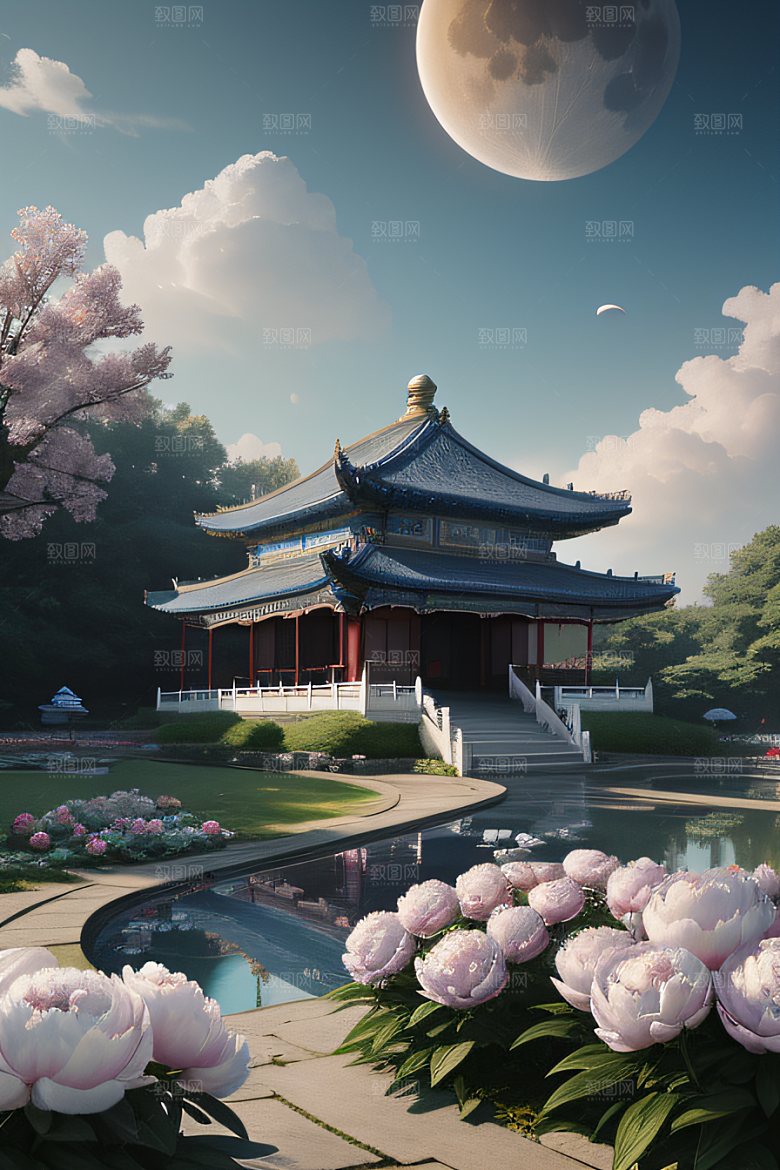 梦幻中国云中古亭蓝白牡丹与圆月