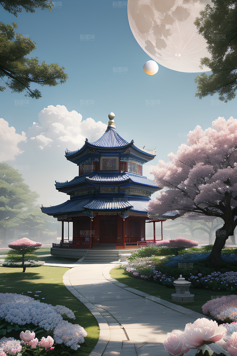 梦幻中国云中古亭蓝白牡丹与圆月
