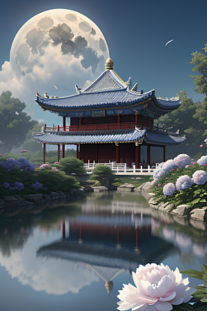 梦幻中国云中古亭蓝白牡丹与圆月