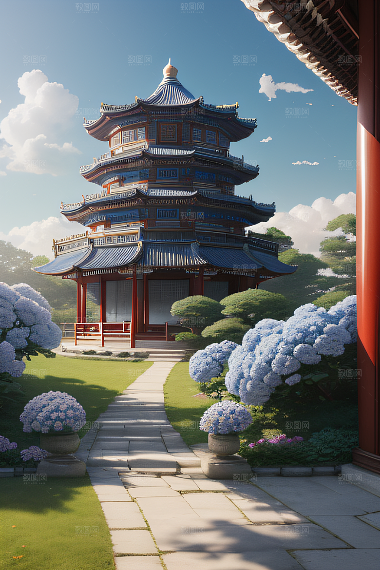 梦幻中国云中古亭蓝白牡丹与圆月